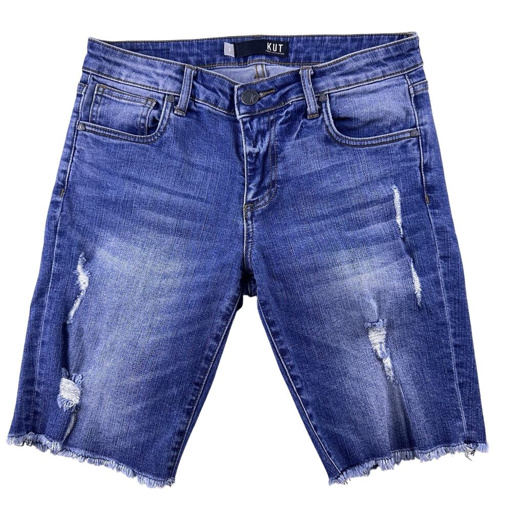 Kut From The Kloth Sophie 2 Bermuda Distressed Blue Jean Shorts Raw Hem Women’s